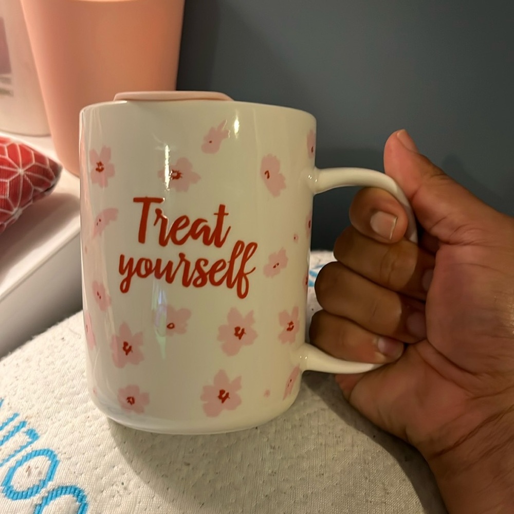 Opalhouse Treat Yourself Lidded Coffee Latte Cup Mug Pink Floral Pattern